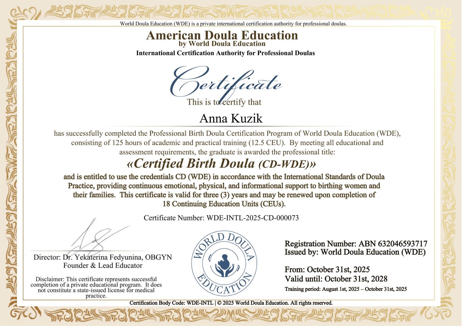 Certified Birth Doula (CD-WDE)