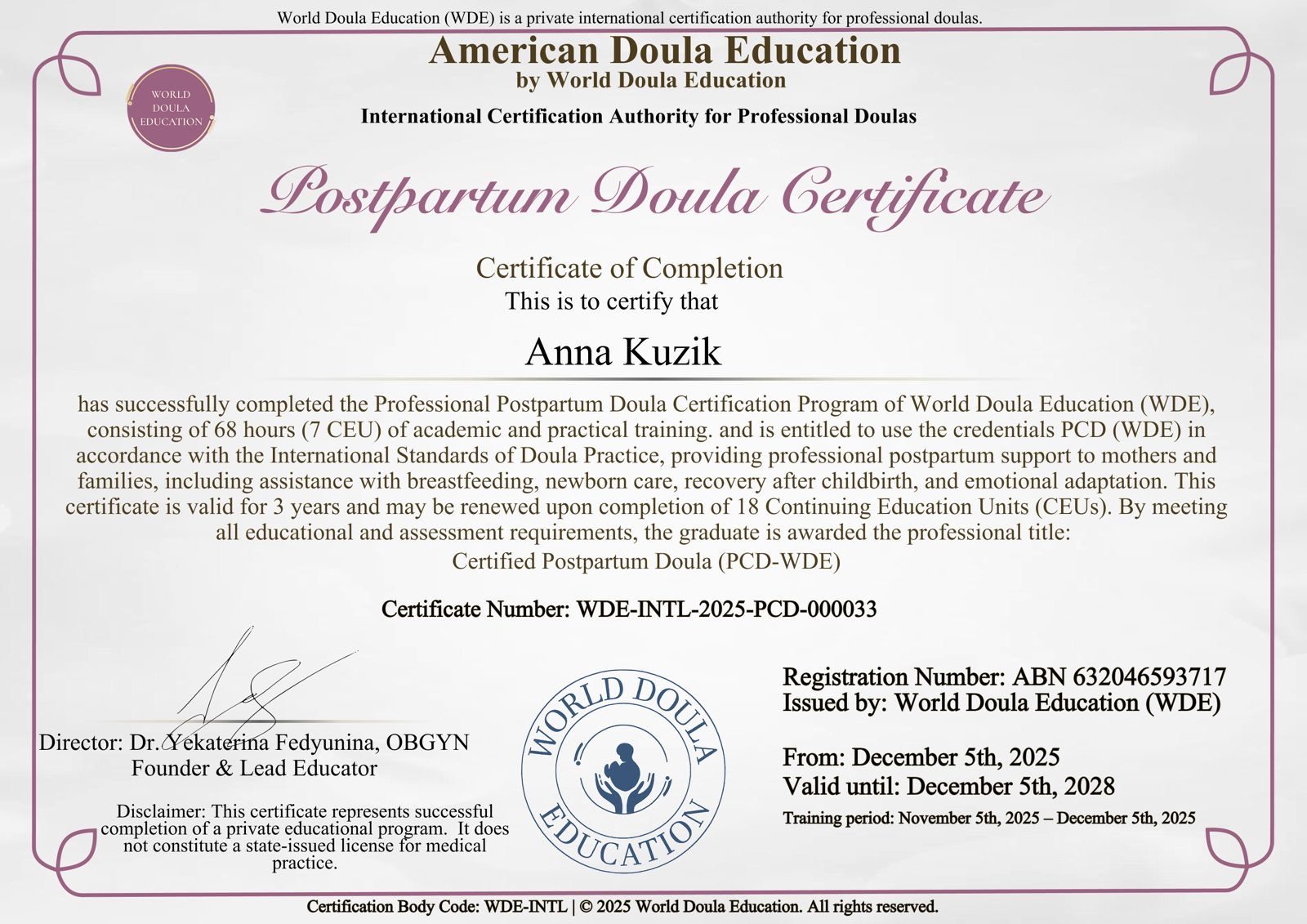 Certified Postpartum Doula (PCD-WDE)